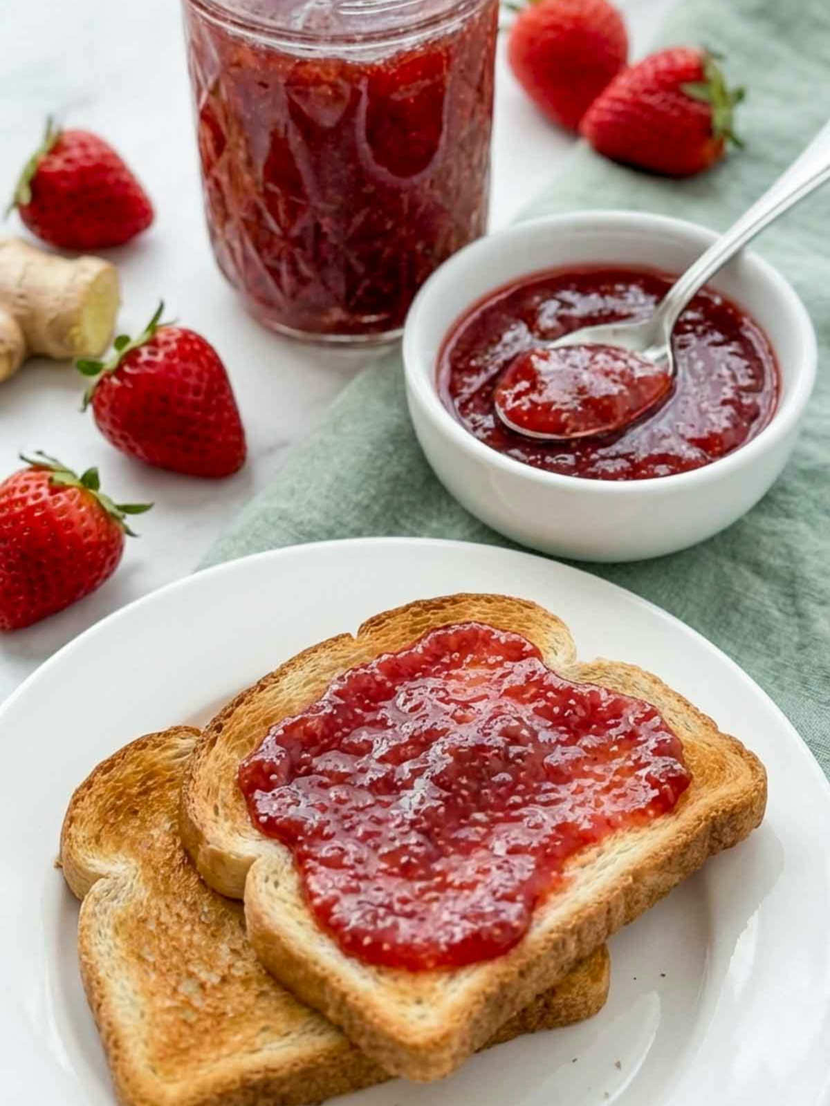 Toast with strawberry jam, a jar of jam, and a bowl with a spoonful of jam, surrounded by fresh strawberries and ginger.