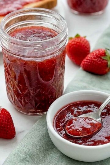 Jar of strawberry jam with a spoonful in a bowl, surrounded by fresh strawberries and ginger.