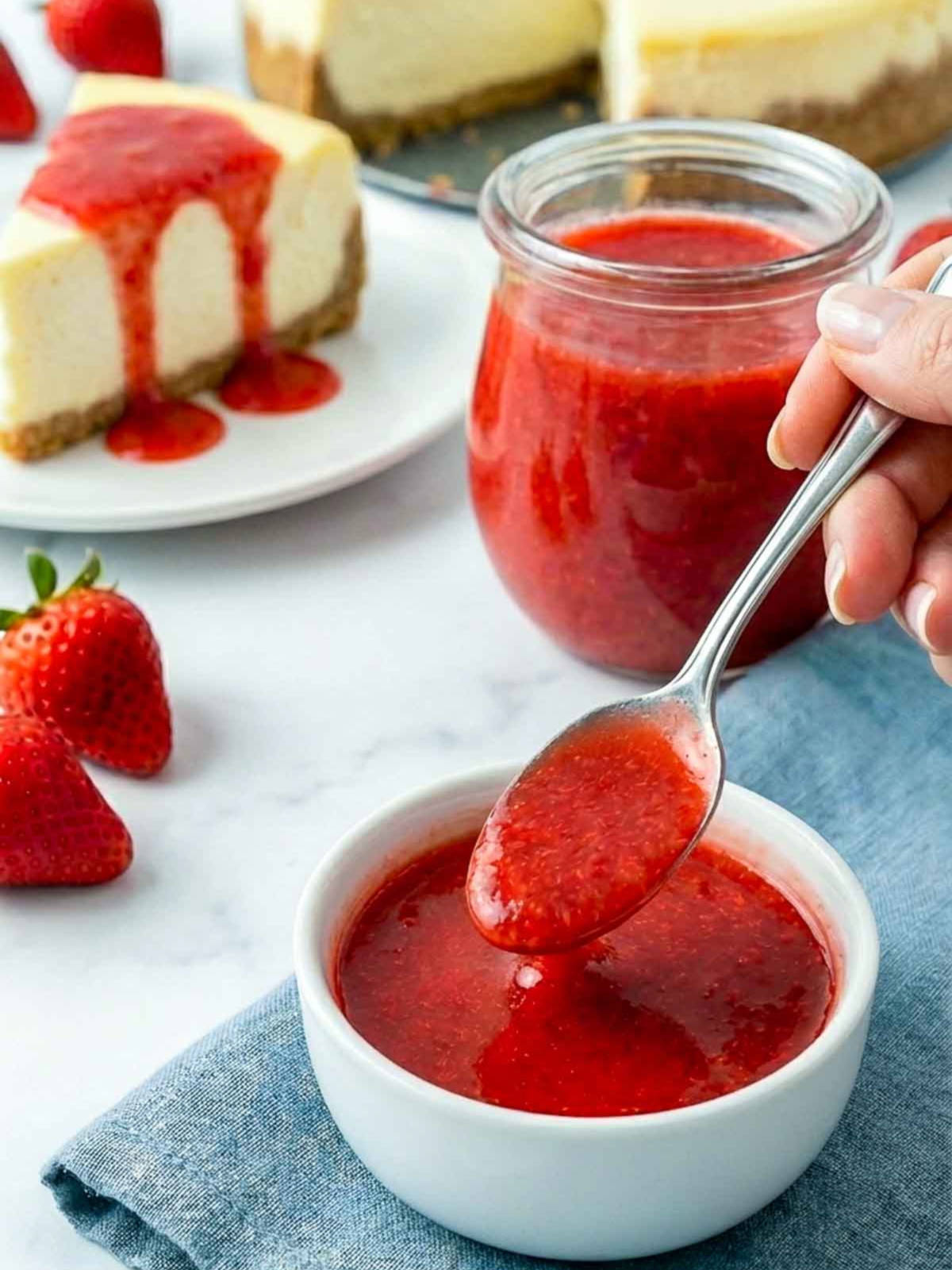 Hand holding a spoonful of strawberry sauce over a bowl, with cheesecake and fresh strawberries in the background.