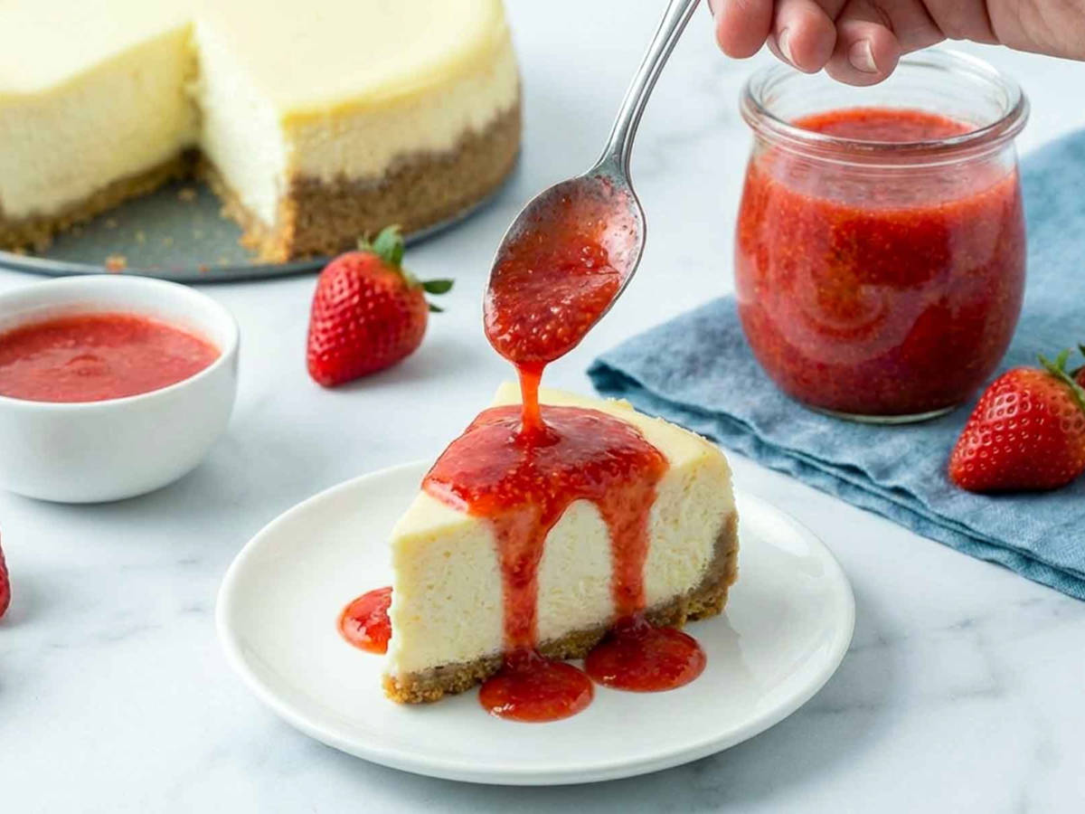Hand pouring strawberry sauce over a slice of cheesecake, with a jar of sauce and fresh strawberries in the background.