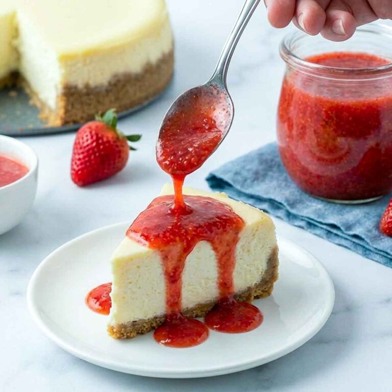 Hand pouring strawberry sauce over a slice of cheesecake, with a jar of sauce and fresh strawberries in the background.