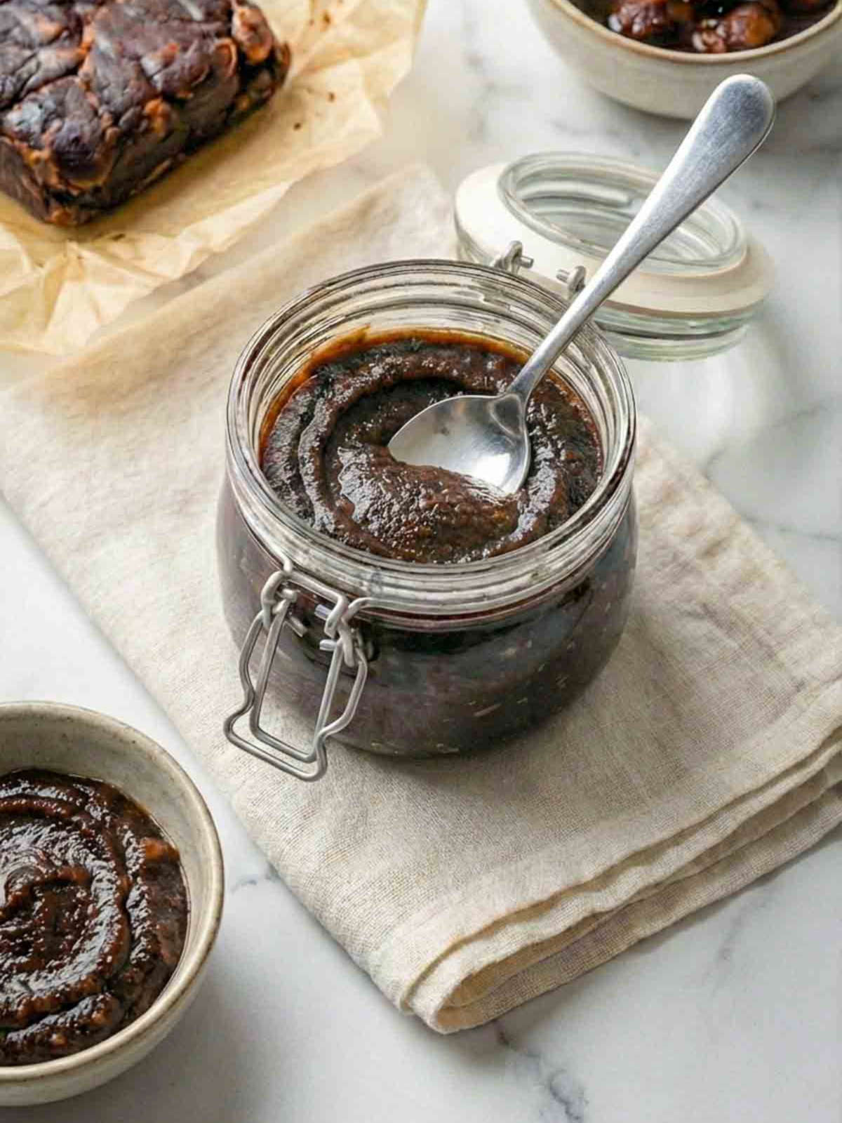 Jar of dark tamarind paste with a spoon, placed on a cloth with small bowls of paste nearby.
