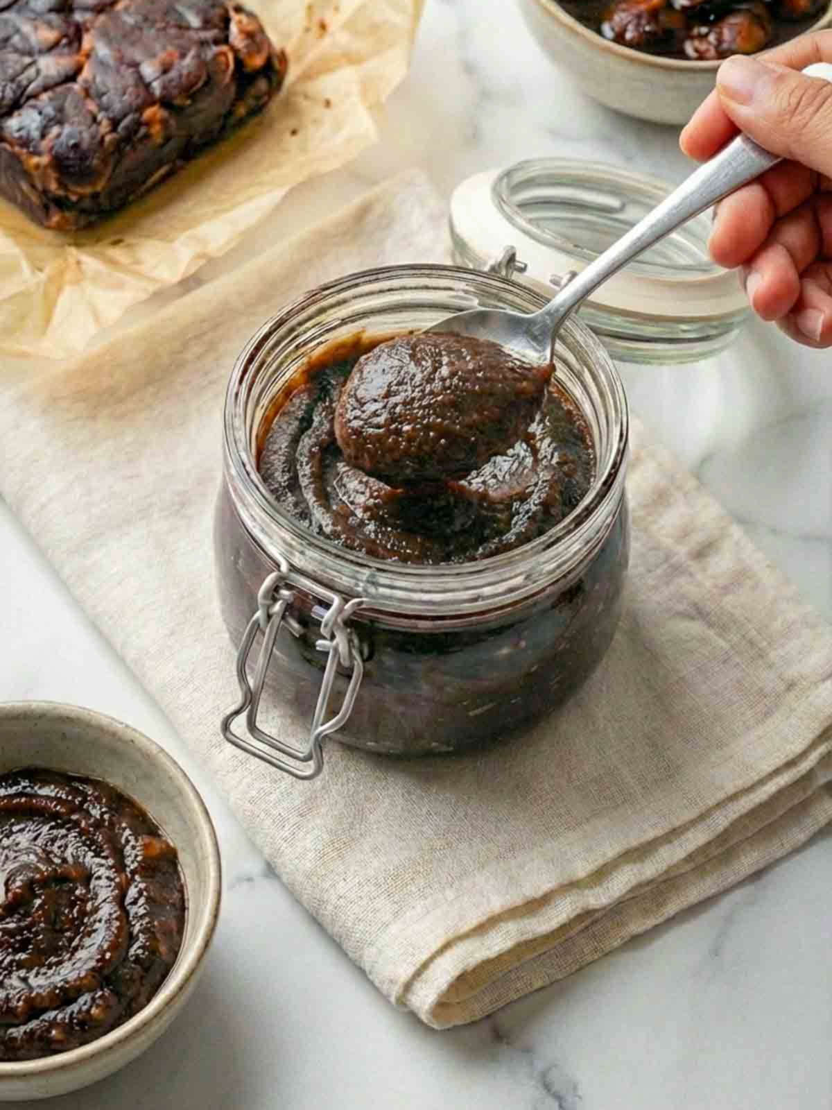 A woman's hand holding a spoonful of tamarind paste over the jar.