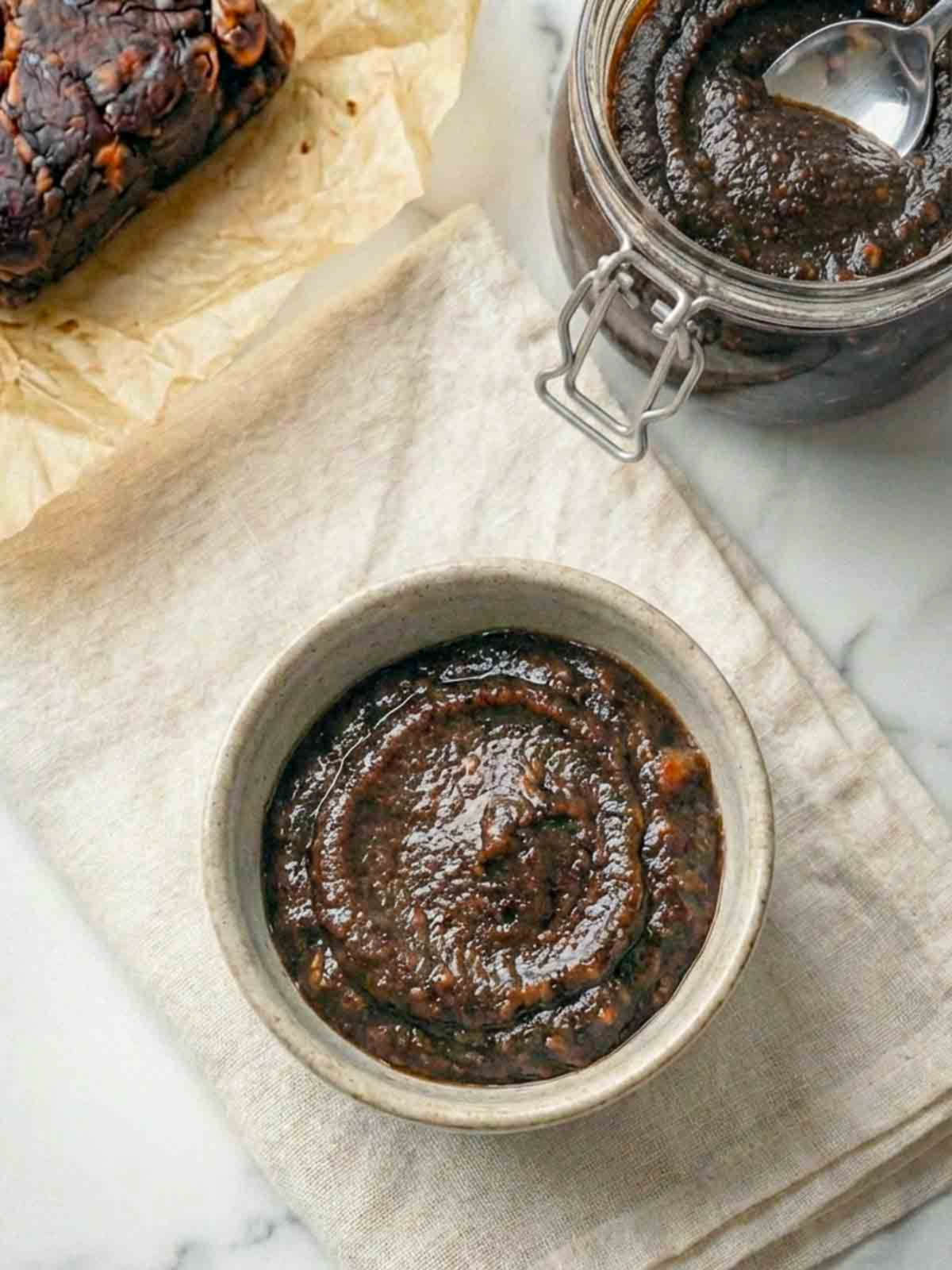 Small bowl of dark tamarind paste with a jar and tamarind block on a cloth-lined surface.