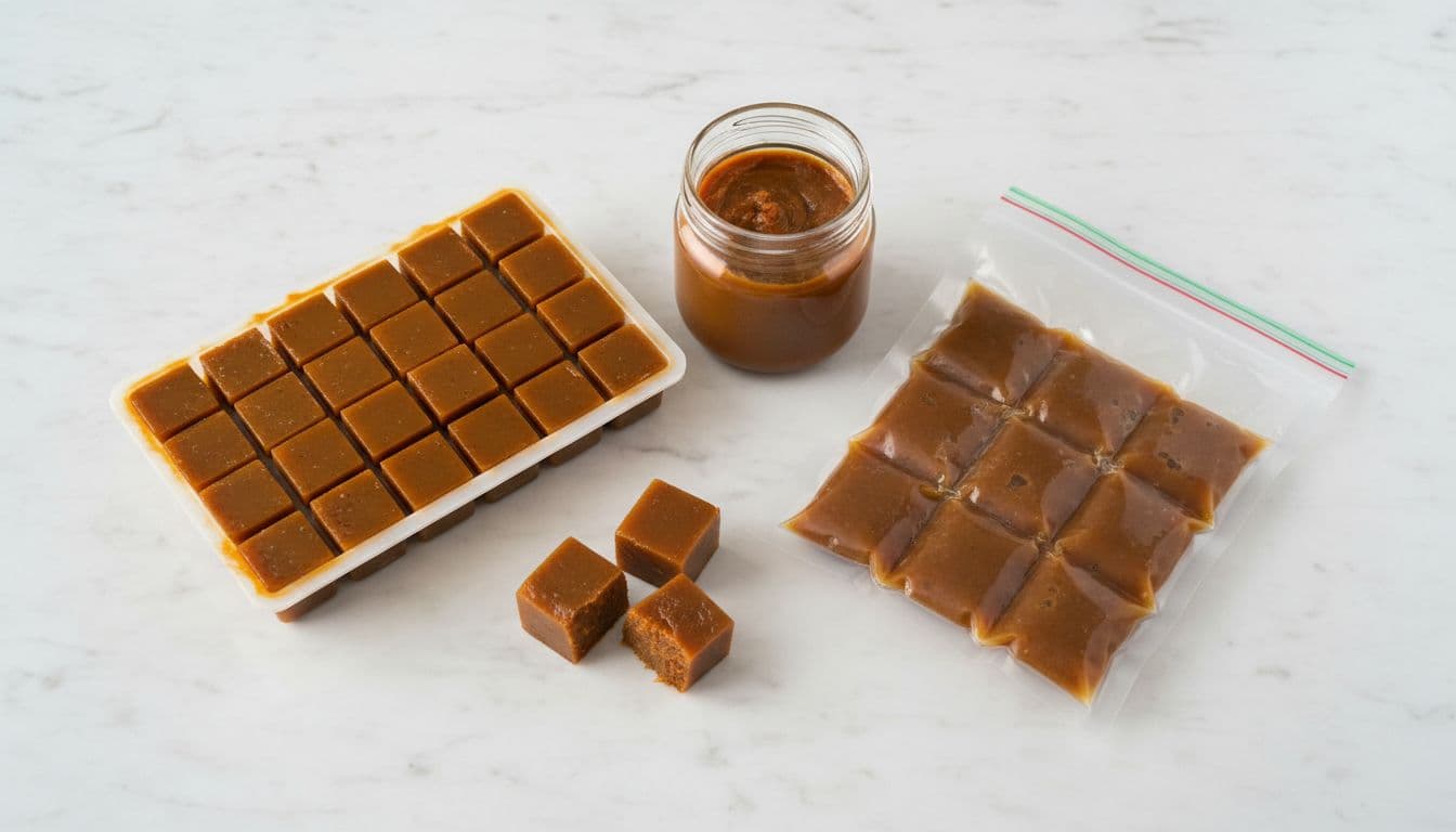 Ice cube tray filled with small cubes of thick brown tamarind paste, a few cubes removed nearby, next to a glass jar of paste and a sectioned zip-top bag on a white marble counter.