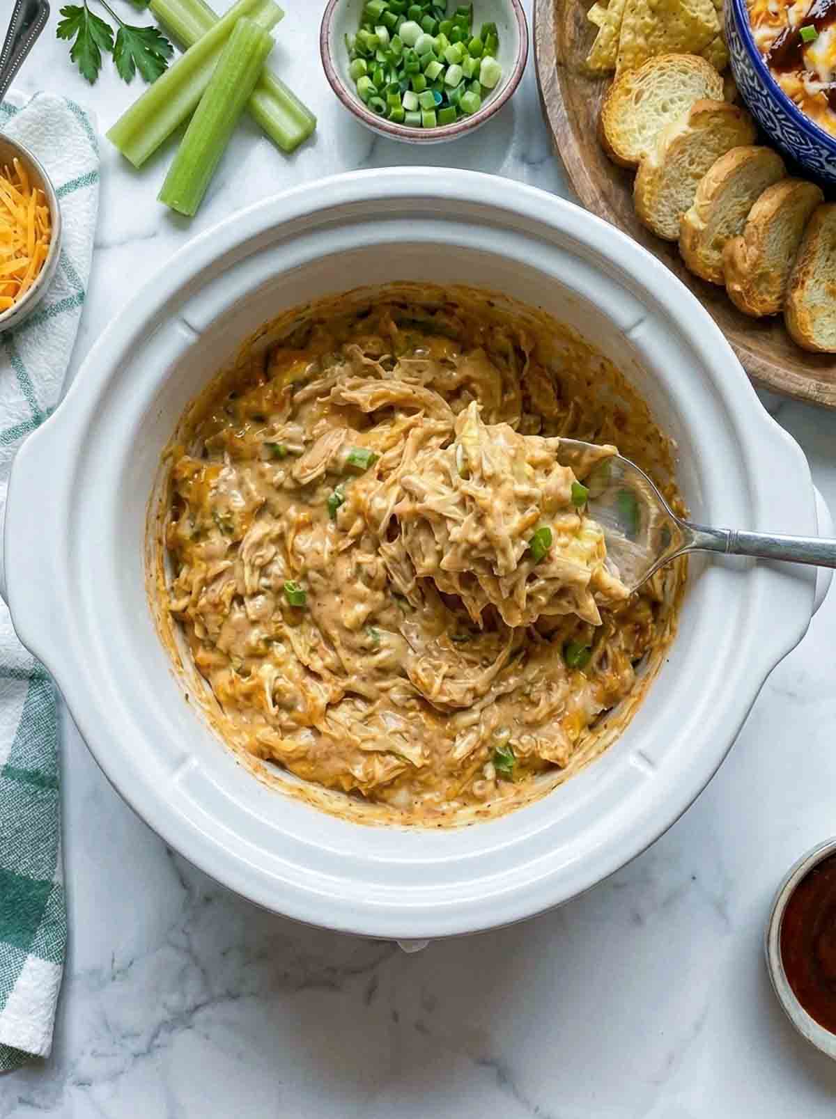BBq chicken dip made in a small crockpot.