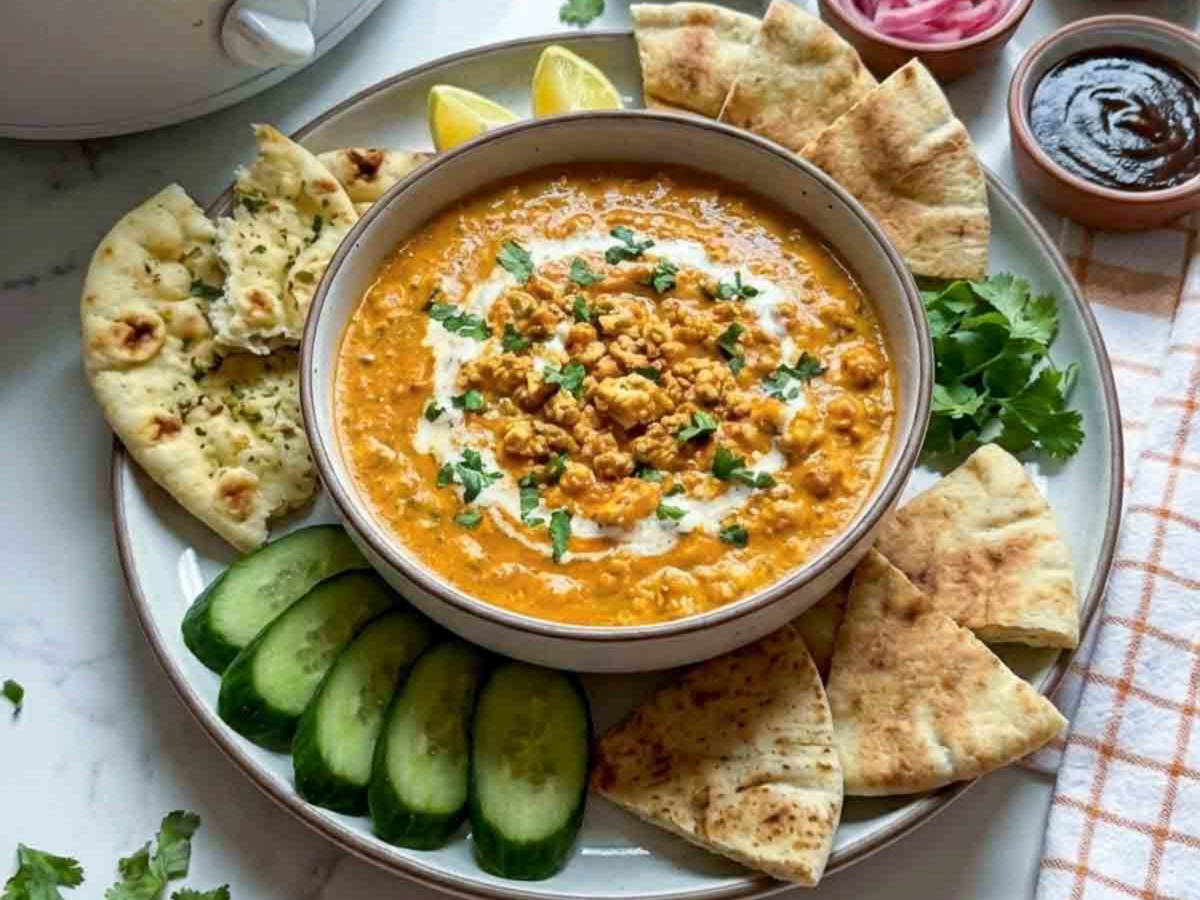 Crockpot butter paneer dip topped with cilantro and crumbled paneer, served with naan bread, cucumber slices, green chutney, pickled onions, and mango chutney.