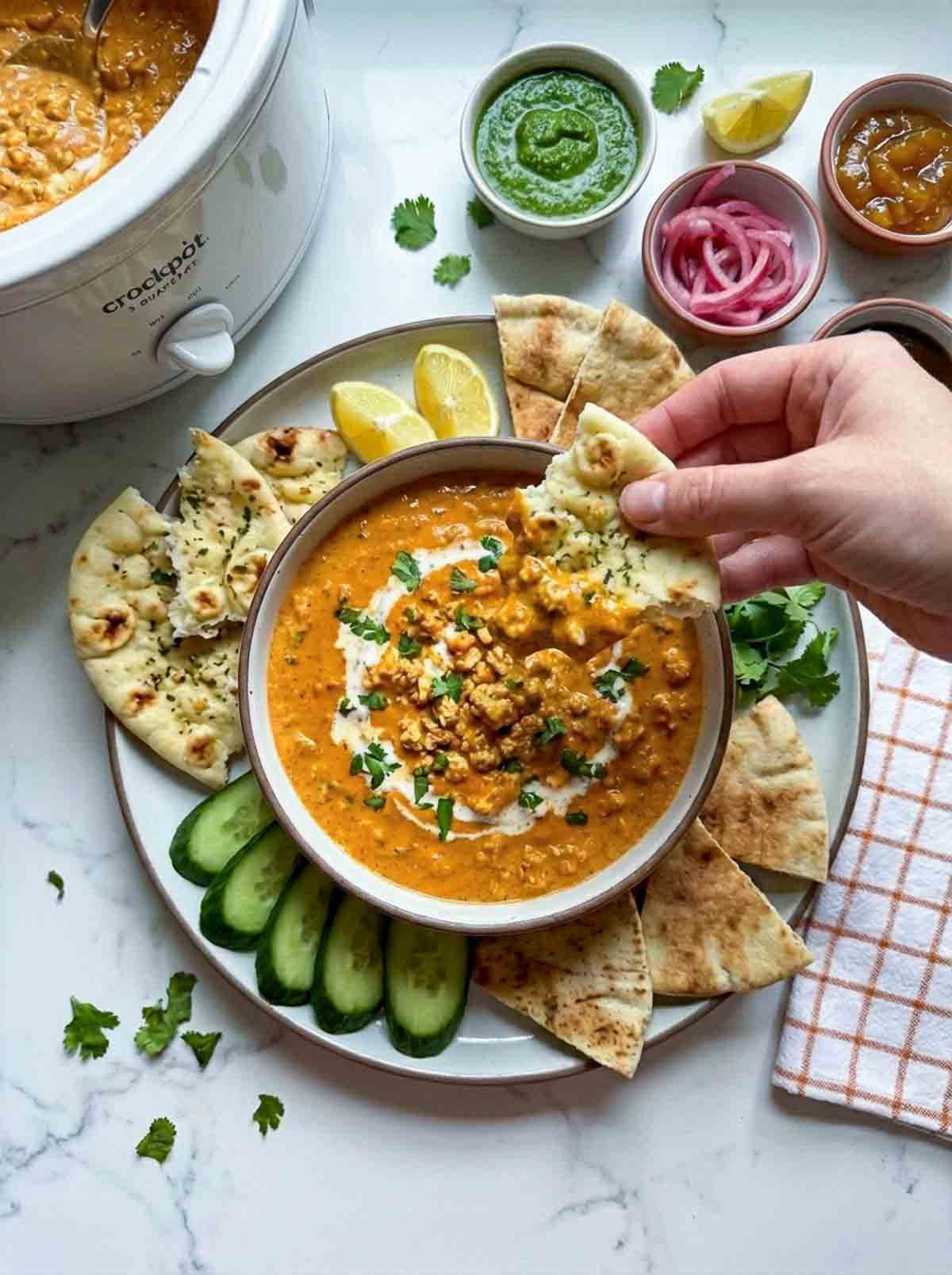 Woman scooping butter paneer dip using a naan bread from the bowl.