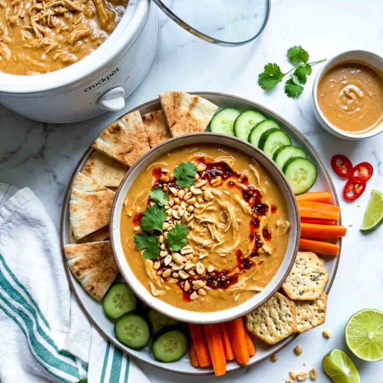 Peanut chicken dip served with pita bread, cucumber, carrots, crackers, and peanuts on top.