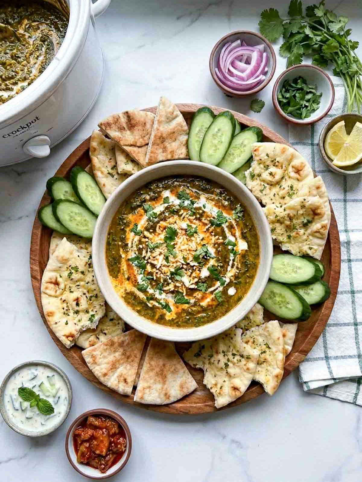 Saag paneer dip with naan and veggies