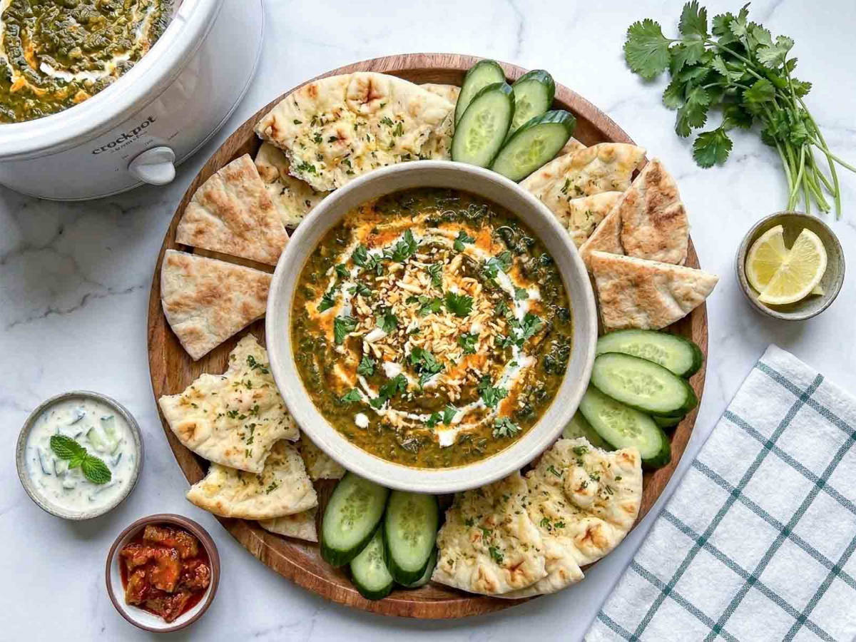 Saag paneer dip with naan and veggies