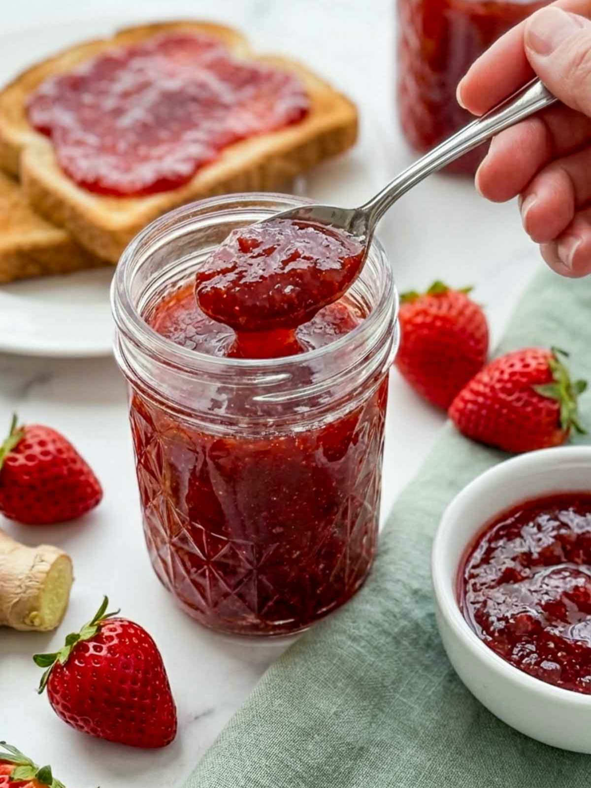 A woman holding a spoonful of strawberry ginger jam over the jar.