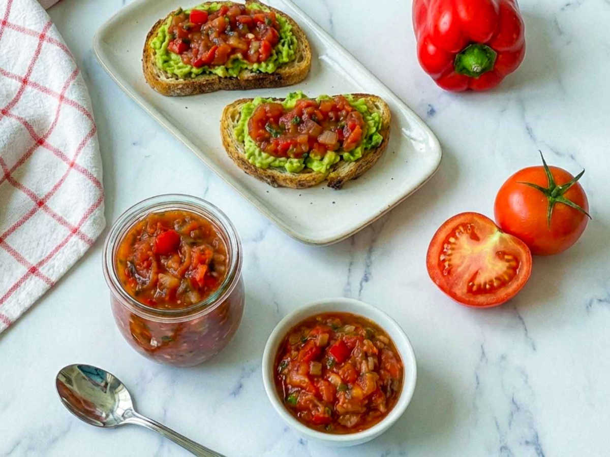 Homemade tomato relish with avocado toast and fresh tomatoes on marble background.