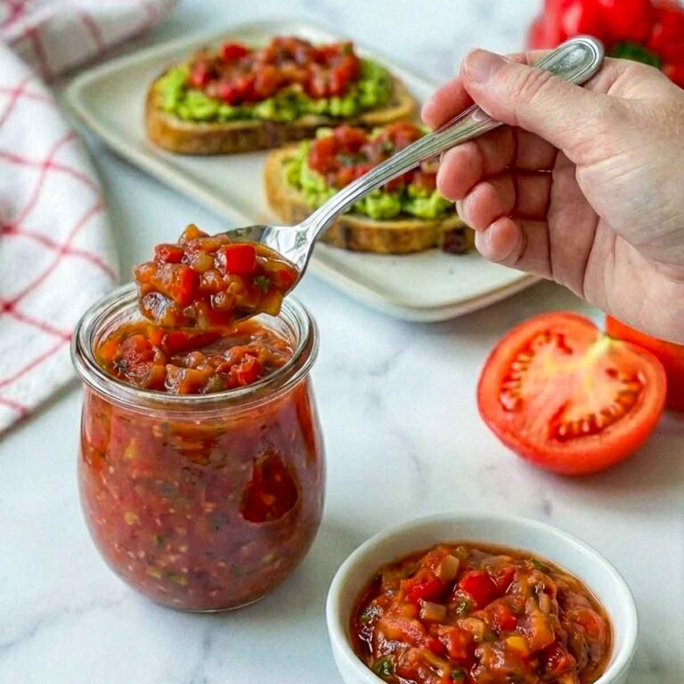Hand scooping chunky tomato relish from jar with avocado toast in background