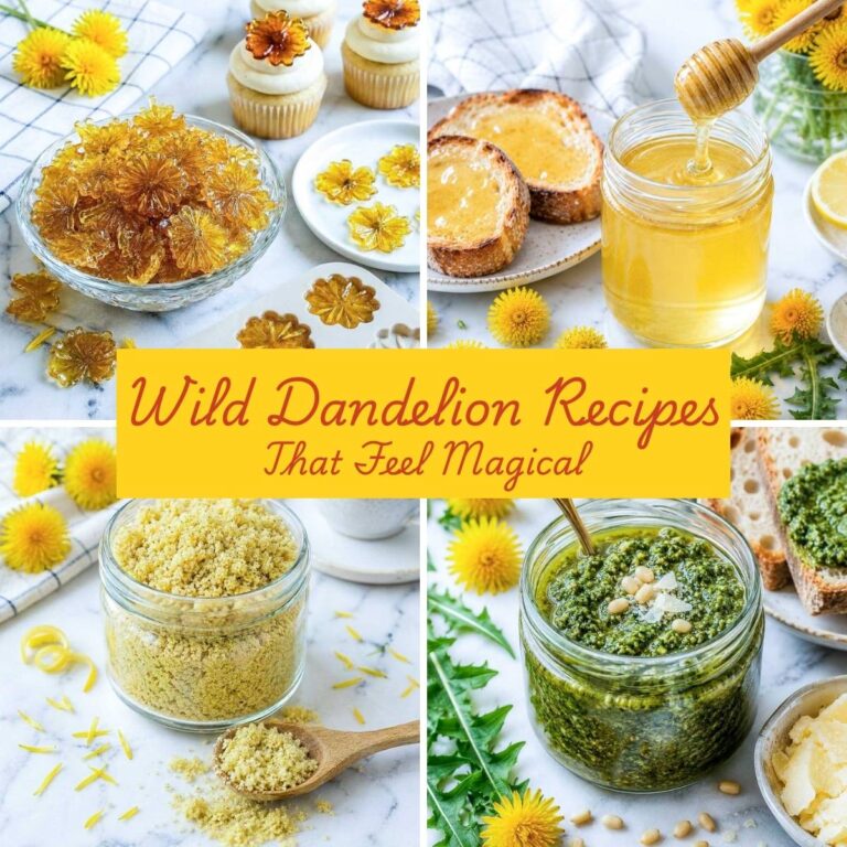 Collage of homemade dandelion recipes including dandelion candy, honey, flavored salt, and pesto arranged on a white marble background with yellow dandelion flowers and text overlay reading “Wild Dandelion Recipes That Feel Magical.”