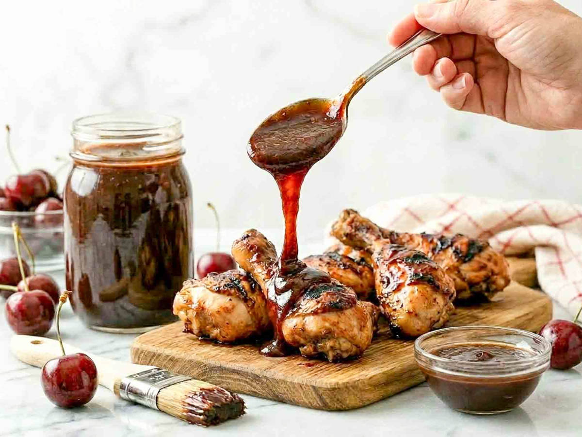A hand spooning glossy cherry BBQ sauce over a pile of grilled chicken drumsticks on a wooden cutting board, with the sauce ribboning down in a thick stream, mason jar and small dipping bowl visible alongside scattered fresh cherries.