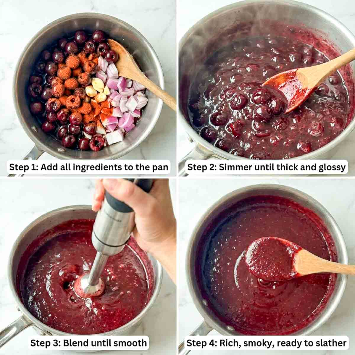 Four-panel step collage on white marble showing the sauce method: (1) all ingredients — cherries, chopped red onion, garlic, and spices — added raw to a stainless steel pan; (2) the mixture simmered down to a thick, glossy, bubbling cherry sauce; (3) an immersion blender blending the cooked sauce smooth and vivid red; (4) the finished deep-red sauce lifted on a wooden spoon, rich and ready.