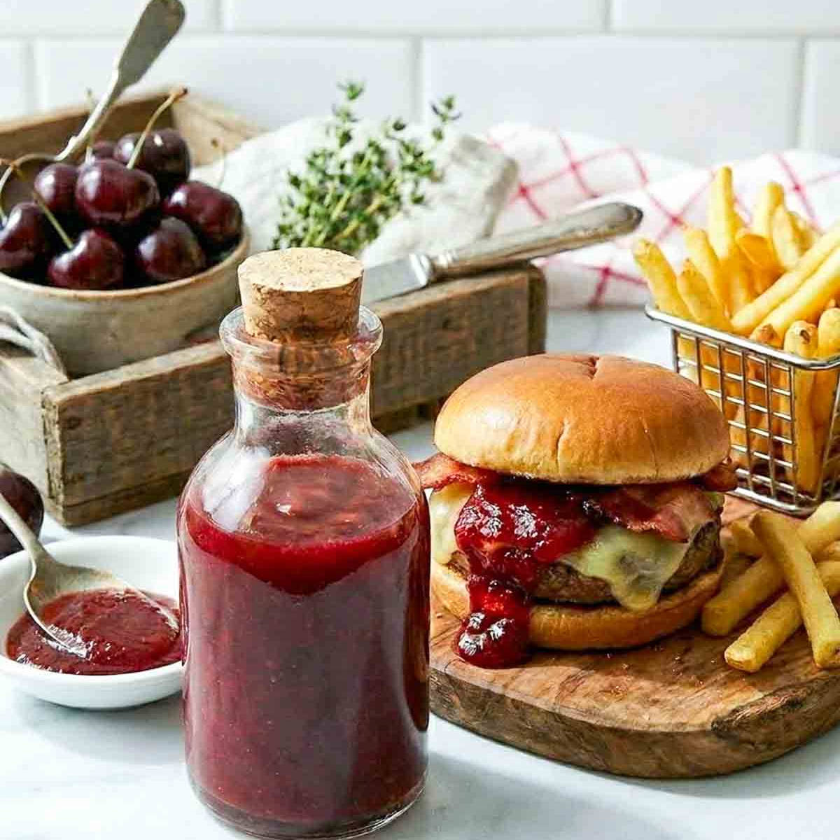 Bottle of homemade cherry ketchup served beside a bacon cheeseburger and fries, with fresh cherries and a small bowl of ketchup in the background.