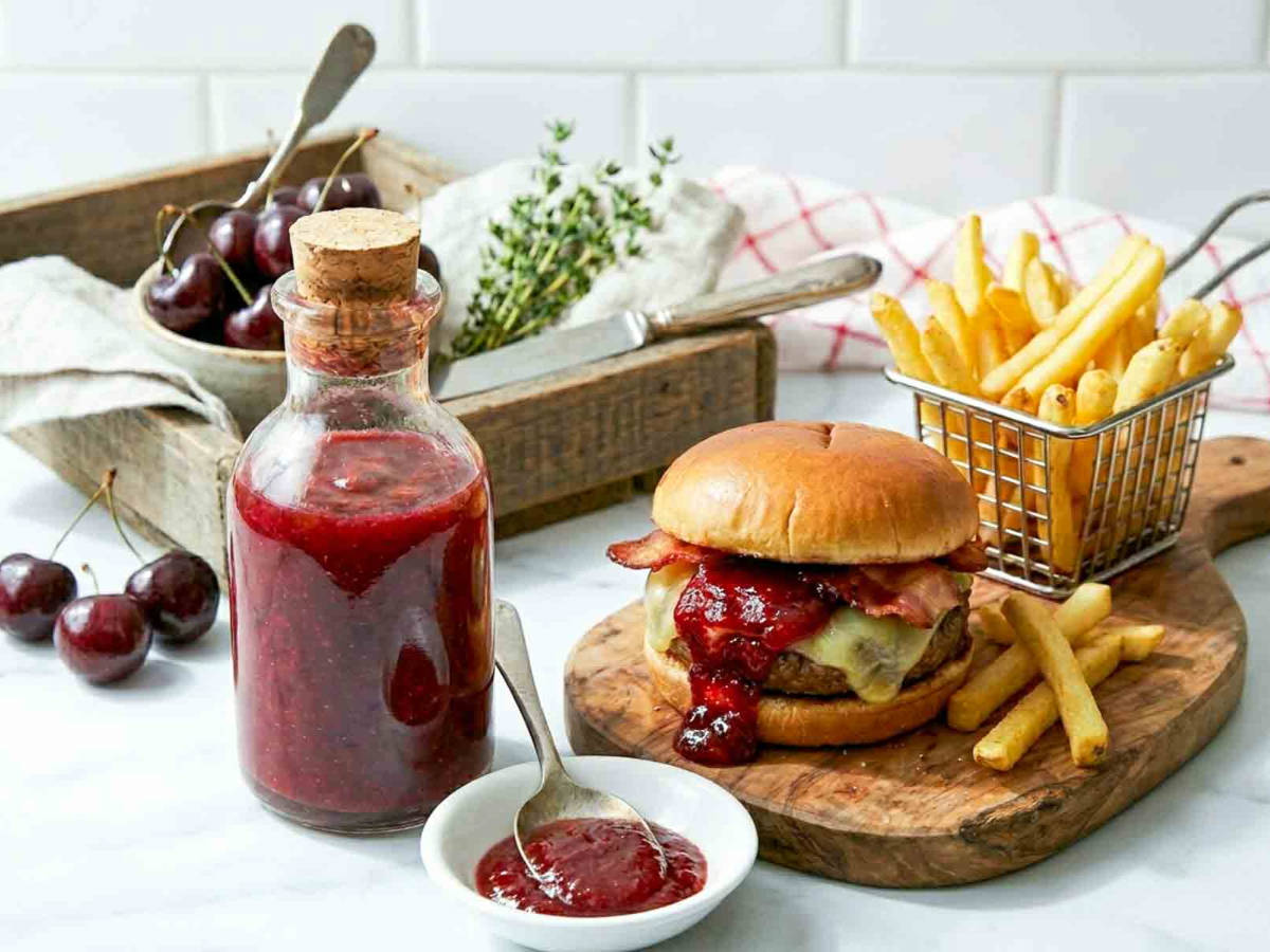 Homemade cherry ketchup in a glass bottle next to a bacon cheeseburger topped with cherry ketchup and served with fries.