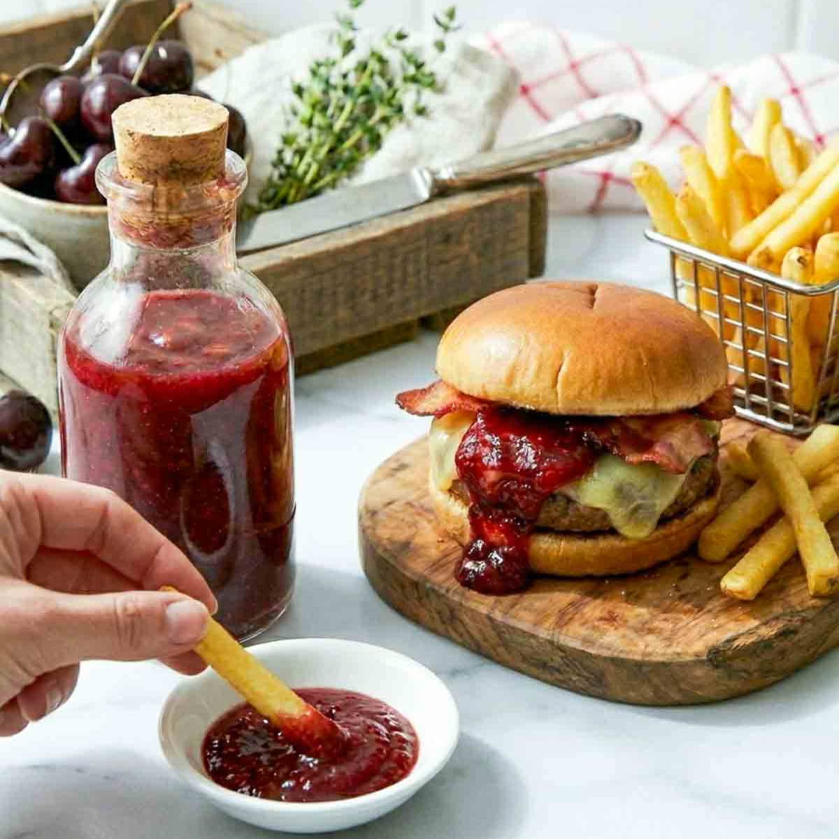Hand dipping a French fry into a bowl of homemade cherry ketchup beside a bacon cheeseburger and fries.