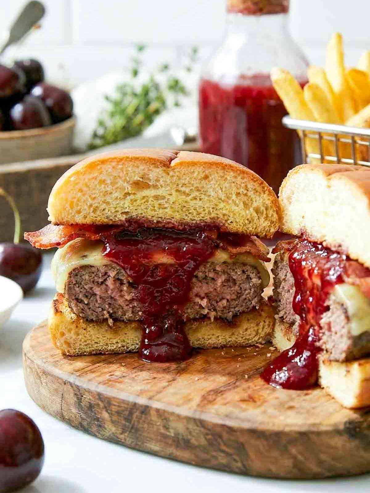 Cross-section of a bacon cheeseburger topped with cherry ketchup, showing the juicy burger patty and melted cheese inside.