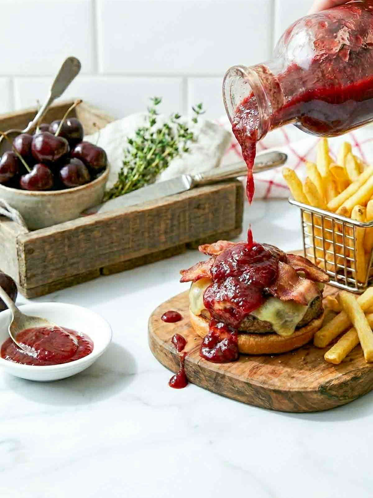 Cherry ketchup being poured from a glass bottle over a bacon cheeseburger topped with melted cheese and crispy bacon.