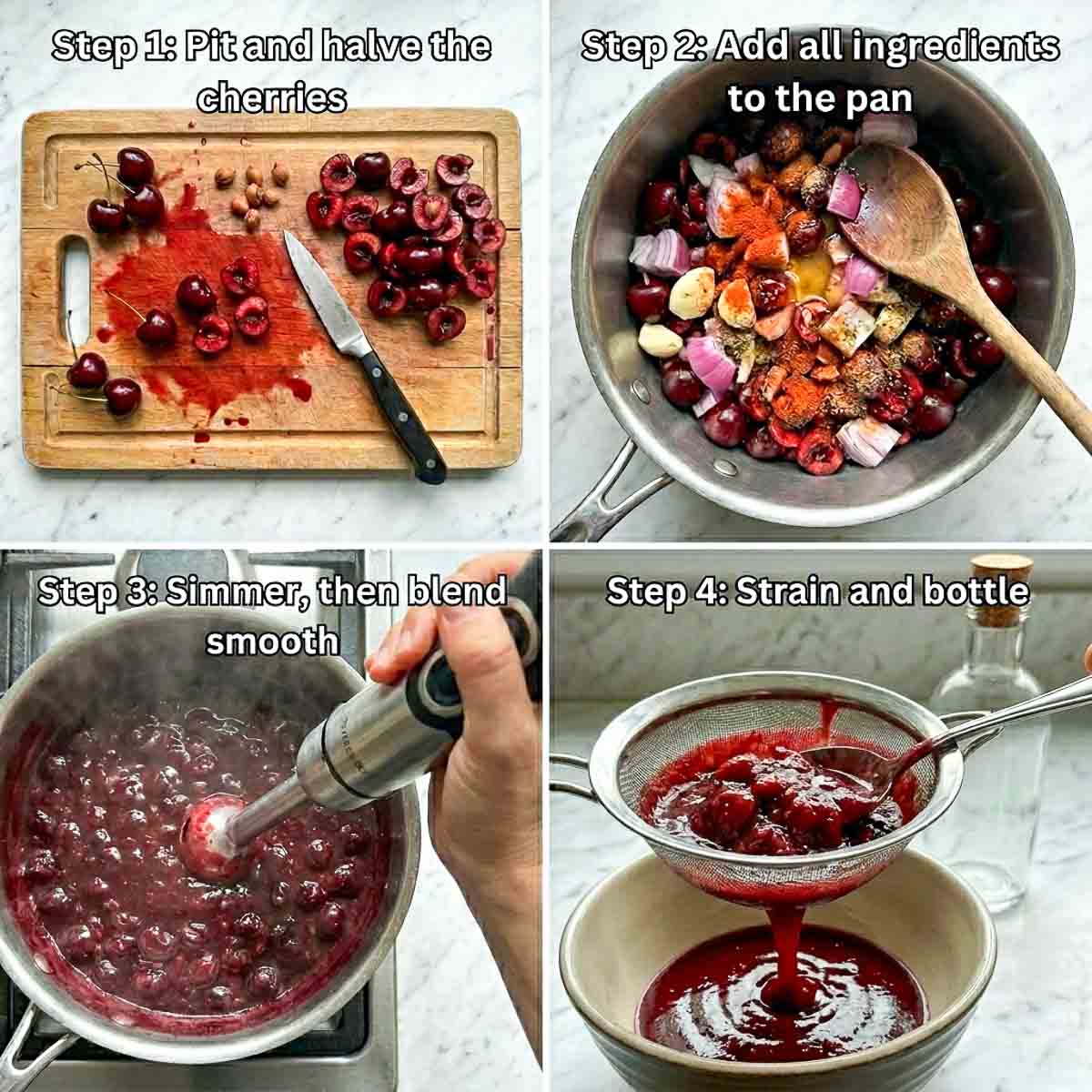 Four-step collage showing how to make cherry ketchup: pitting cherries, combining ingredients in a saucepan, blending the cooked mixture, and straining the finished ketchup.