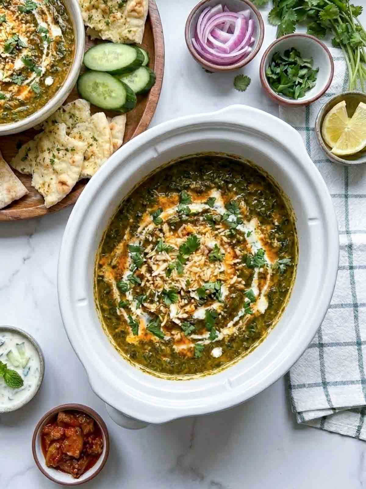 Top view of saag paneer dip inside a crockpot.