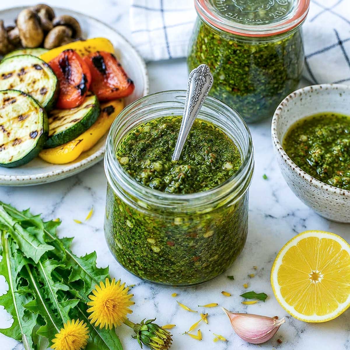 Homemade dandelion chimichurri sauce in a glass jar with grilled vegetables, garlic, lemon, and fresh dandelion greens on a white marble surface.