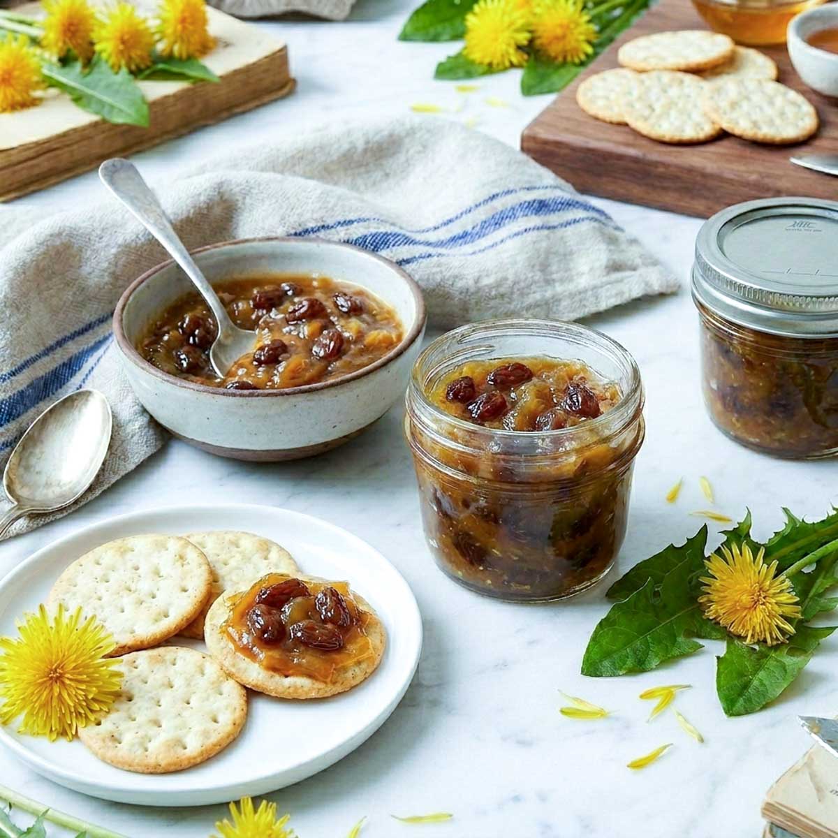 A glass jar of deep amber dandelion chutney with raisins, crackers spread with chutney, a ceramic bowl of chutney, dandelion flowers and leaves on white marble.