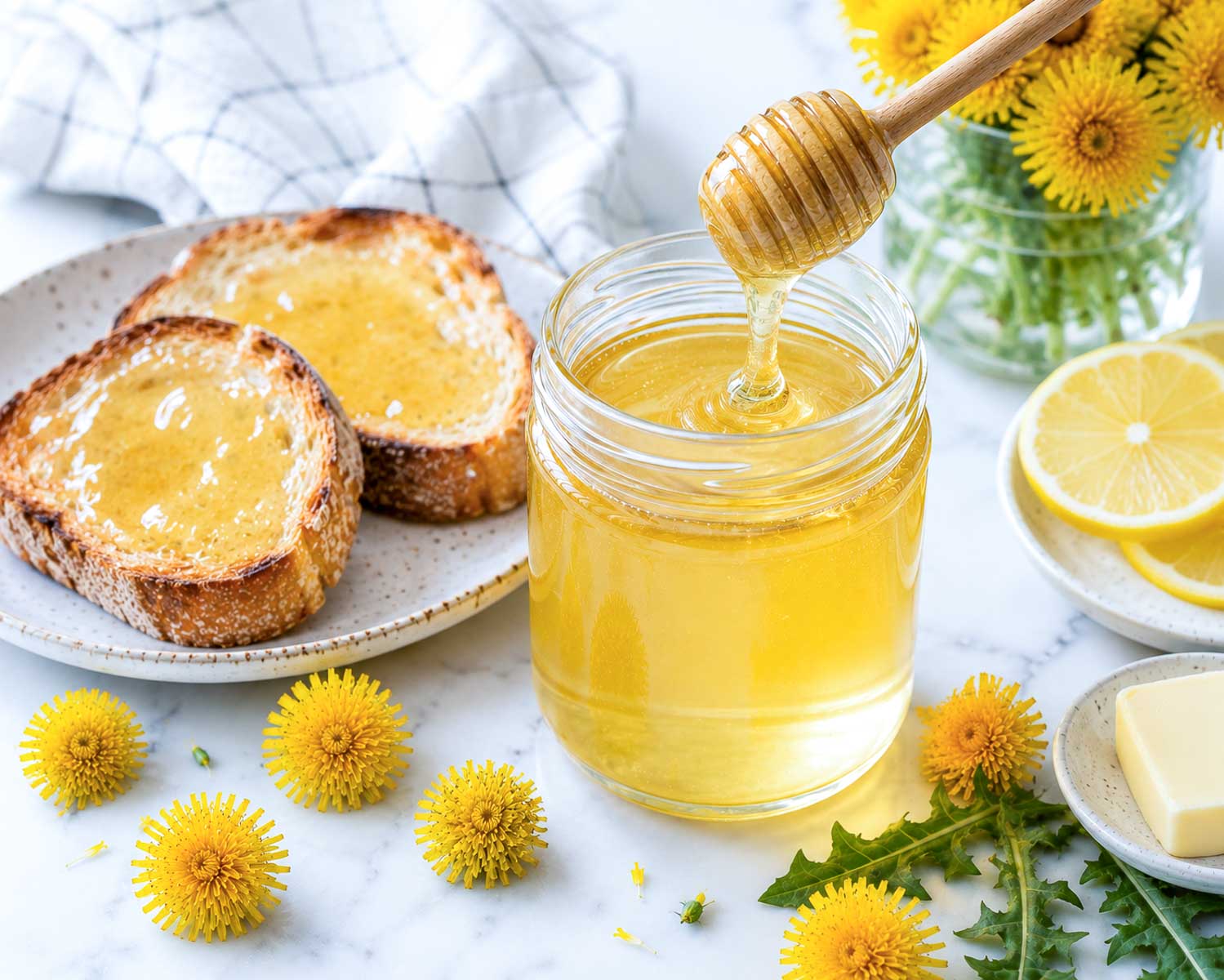 Jar of pale golden homemade dandelion honey drizzled with a honey dipper beside toasted bread and fresh dandelion flowers on a white marble surface.