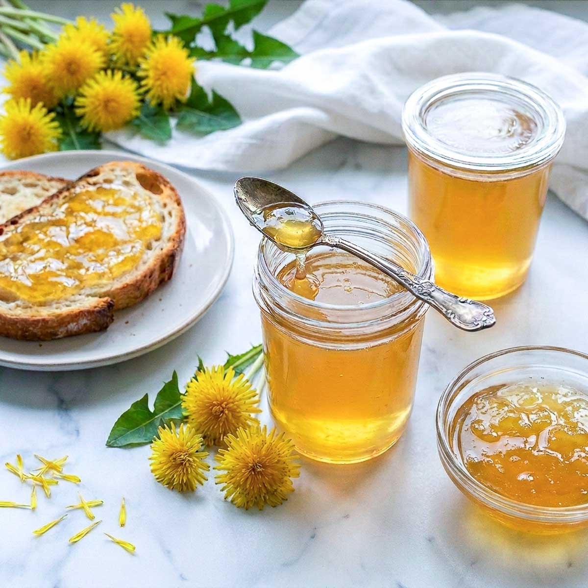 Clear jars of homemade dandelion jelly served with toast and fresh dandelion flowers on a bright white marble background.