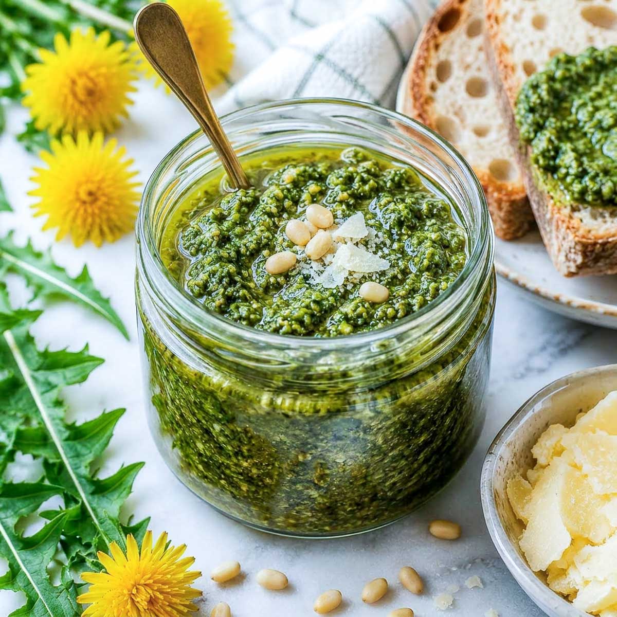 Glass jar of homemade dandelion pesto topped with pine nuts and Parmesan cheese beside toasted bread and fresh dandelion greens on a white marble surface.