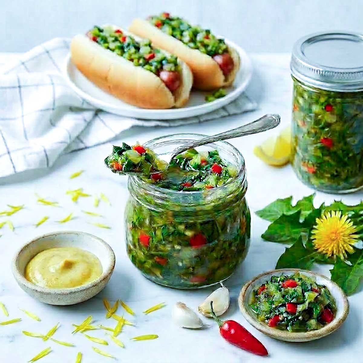 Jar of chunky homemade dandelion relish served with hot dogs, mustard, garlic, and fresh dandelion greens on a white marble background.