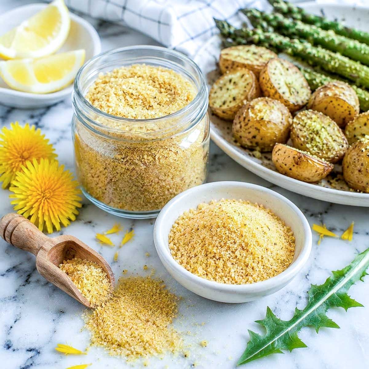 Homemade dandelion salt in a glass jar and ceramic bowl served with roasted potatoes, asparagus, lemon wedges, and fresh dandelion flowers.