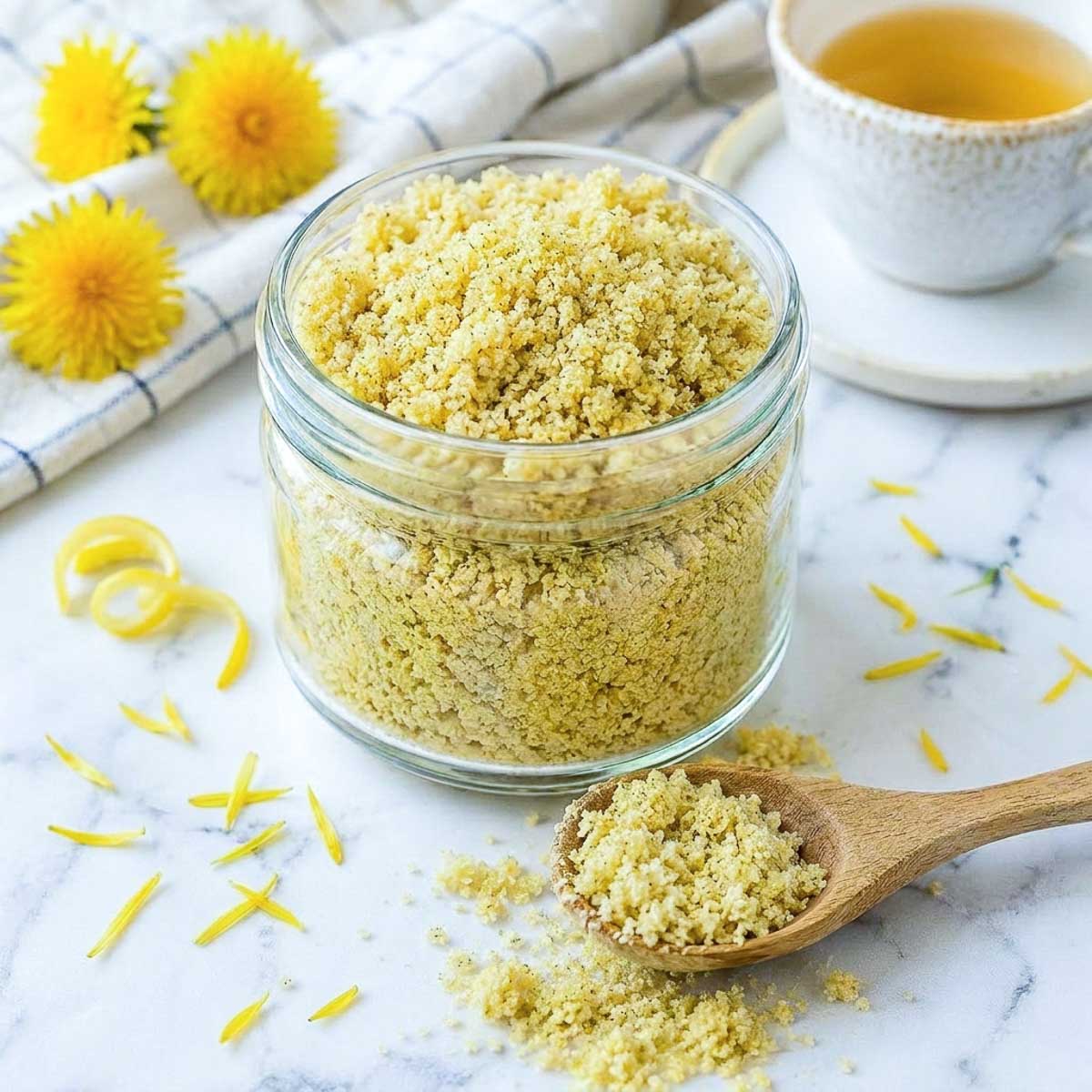 Jar of homemade dandelion sugar with a wooden spoon, lemon peel curls, tea, and scattered yellow petals on a white marble background.