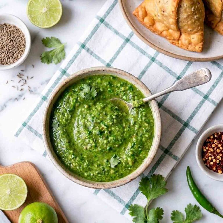 Raw mango chutney recipe in a ceramic bowl with a silver spoon, samosas, lime halves, cumin seeds, cilantro, and green chilies on a marble surface.
