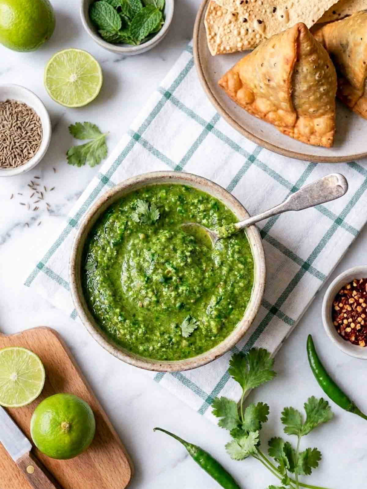 Overhead view of raw mango chutney in a rustic bowl surrounded by fresh mint, lime, samosas, cumin seeds, and green chilies on a white checkered cloth.