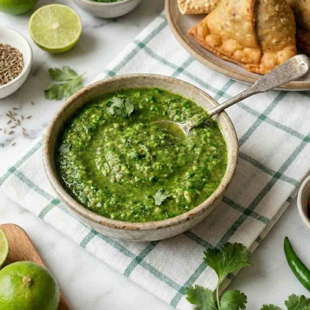 Spicy green mango chutney served in a ceramic bowl with samosas and sliced lime in the background.