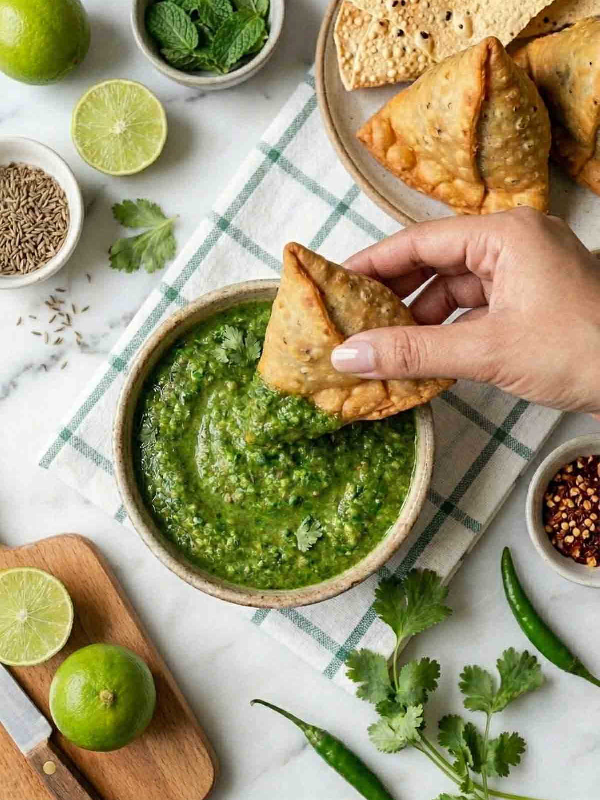 Flat lay of raw green mango chutney with samosas, limes, chilies, cumin seeds, cilantro, and chili flakes arranged on marble.