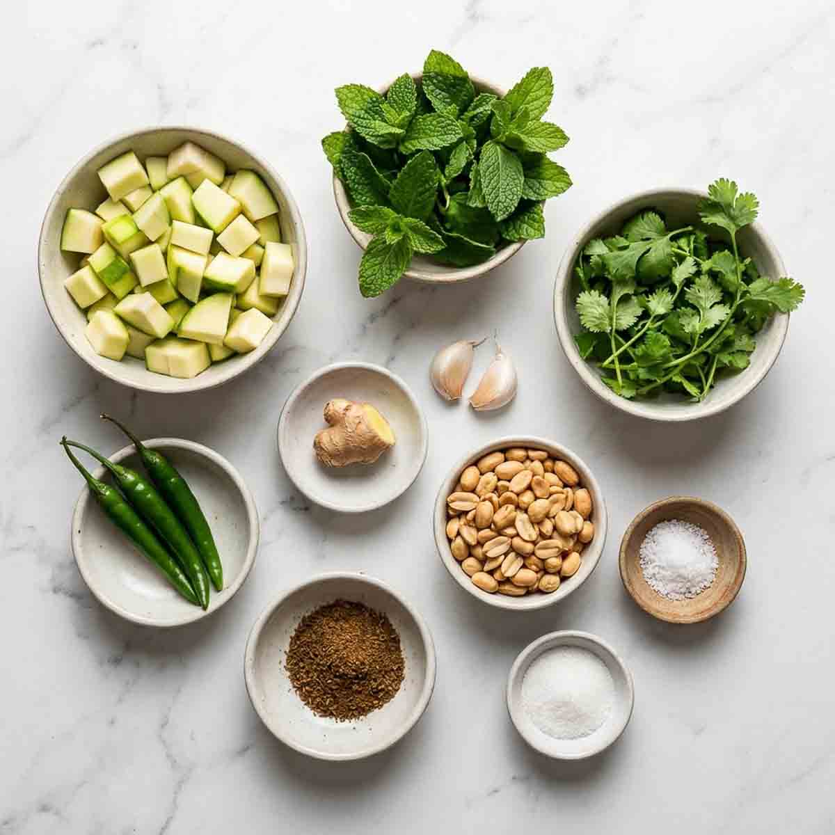 Ingredients for raw mango chutney including cubed green mango, fresh mint, cilantro, roasted peanuts, green chilies, garlic, ginger, cumin powder, sugar, and salt.