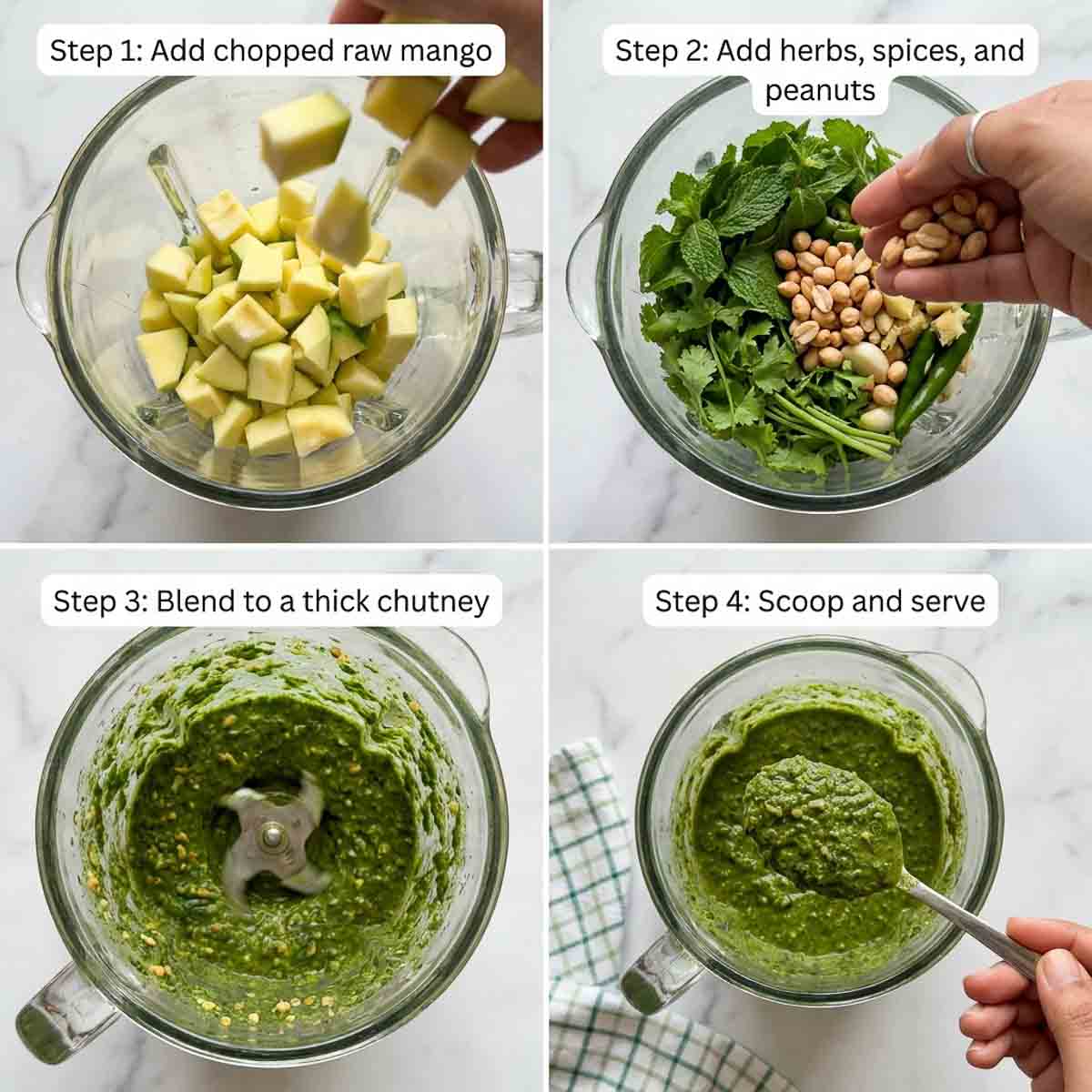 How to make raw mango chutney in four steps: adding raw mango to blender, adding herbs and peanuts, blending to a thick chutney, and scooping into a bowl.