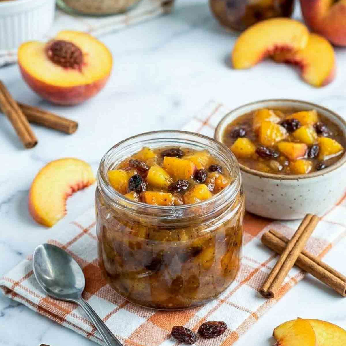 Glass jar of chunky peach chutney with raisins and cinnamon sticks on a white marble surface, styled with fresh peach slices and a soft orange check napkin.