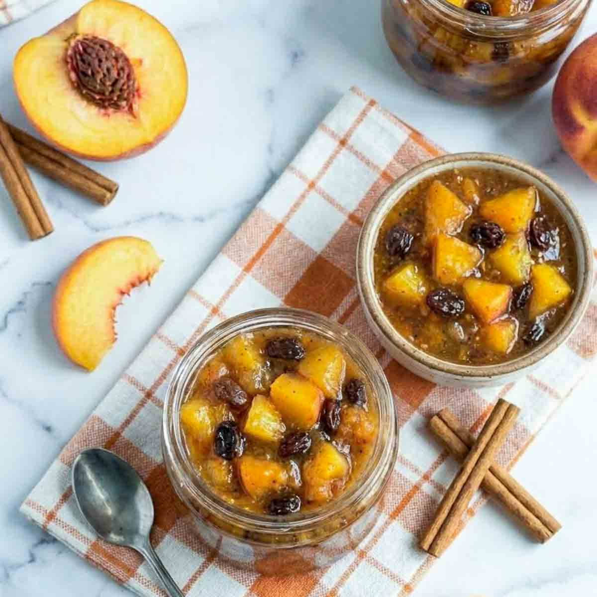 Top view of homemade peach chutney in a glass jar and ceramic bowl with raisins, cinnamon sticks, and fresh peach slices on a white marble background.