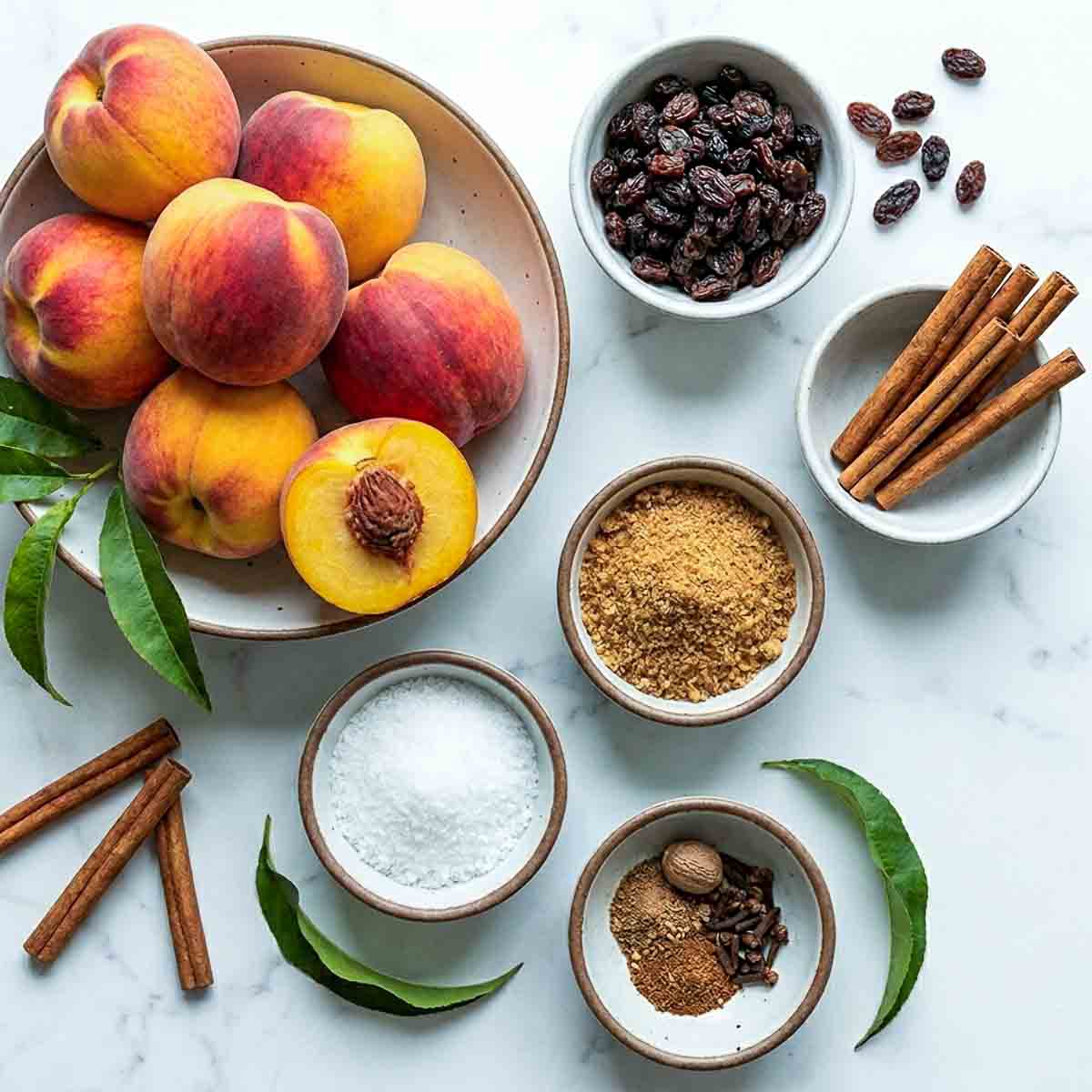 Peach chutney with raisins and cinnamon sticks