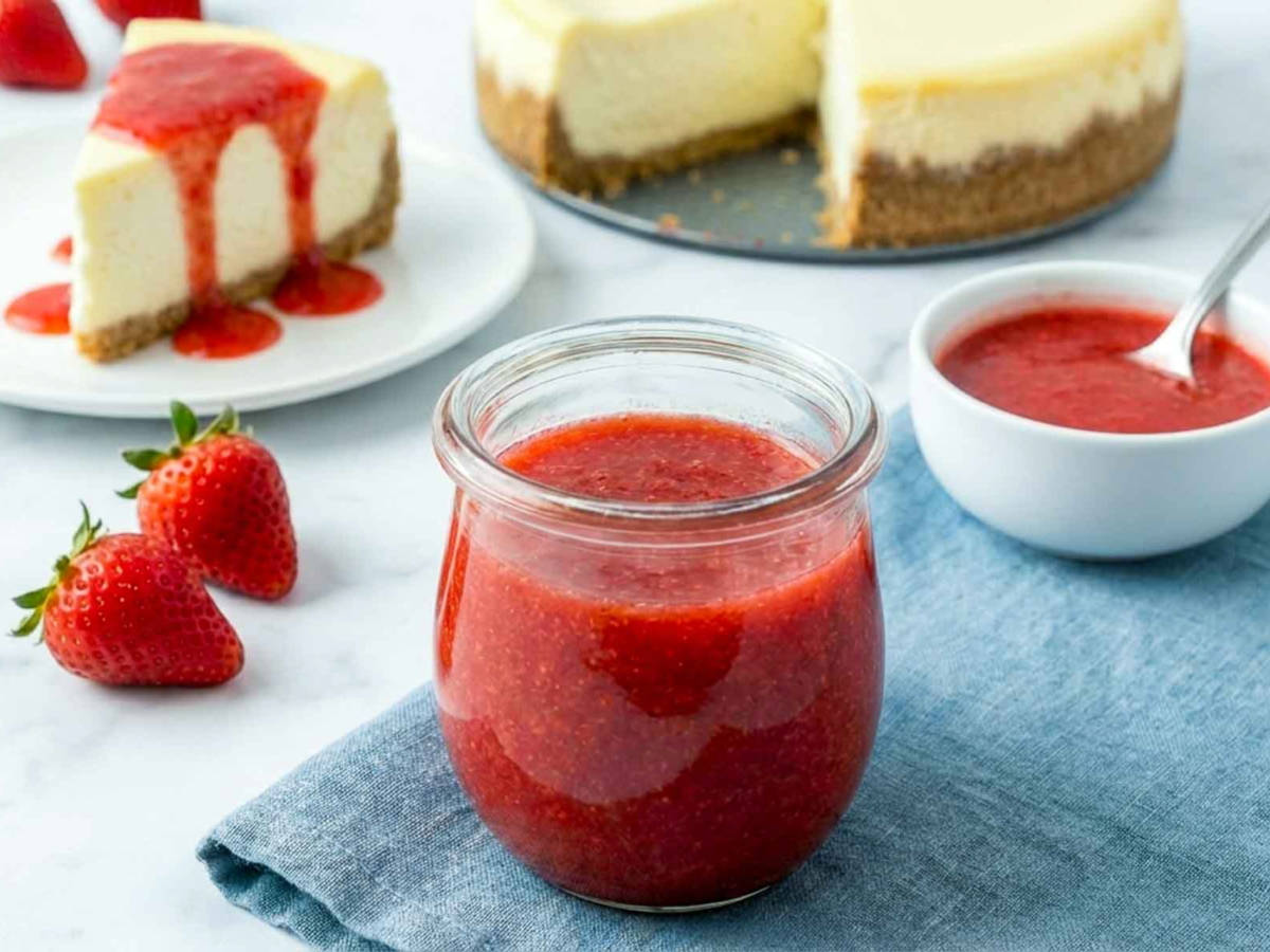 Jar of strawberry sauce with a bowl of sauce and a slice of cheesecake topped with strawberry sauce.